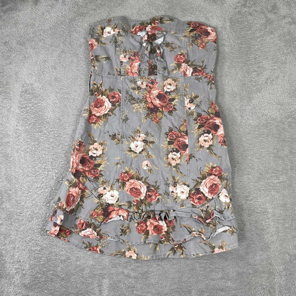 Y2K Floral Tube Dress Womens Medium‎ Gray Pink Rose Ruffle Hem Y2K Cottagecore